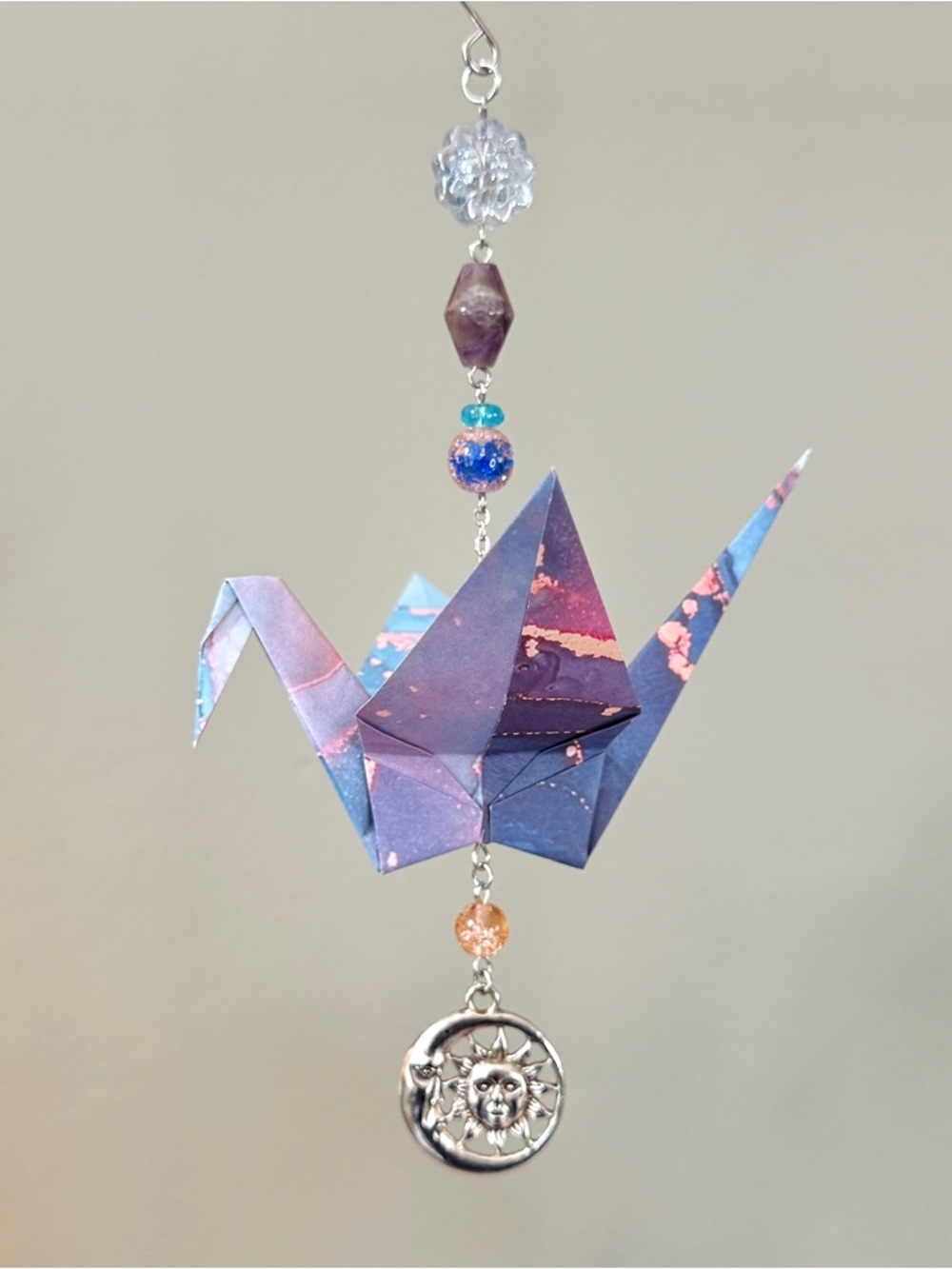 Origami Ornament #2438 - Large Crane with Sun and Moon Charm
